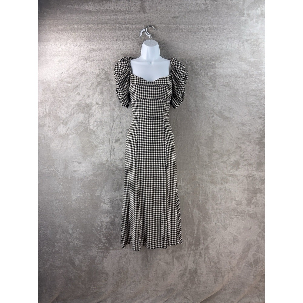 Reformation Smocked Maxi Dress Womens Size 0 Black White Gingham Puff Sleeve
